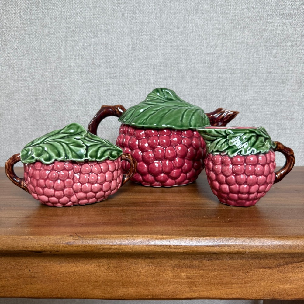 Vintage Jay Willfred Andrea by Sadek Raspberry Teapot Creamer Sugar Set Portugal
